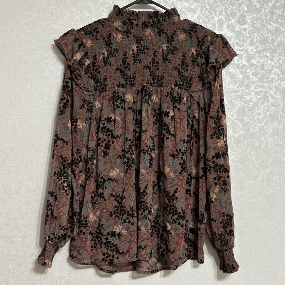 Knox Rose Blouse Brown Floral Velvet Ruffle Smocked Mock Neck Romantic Boho XL